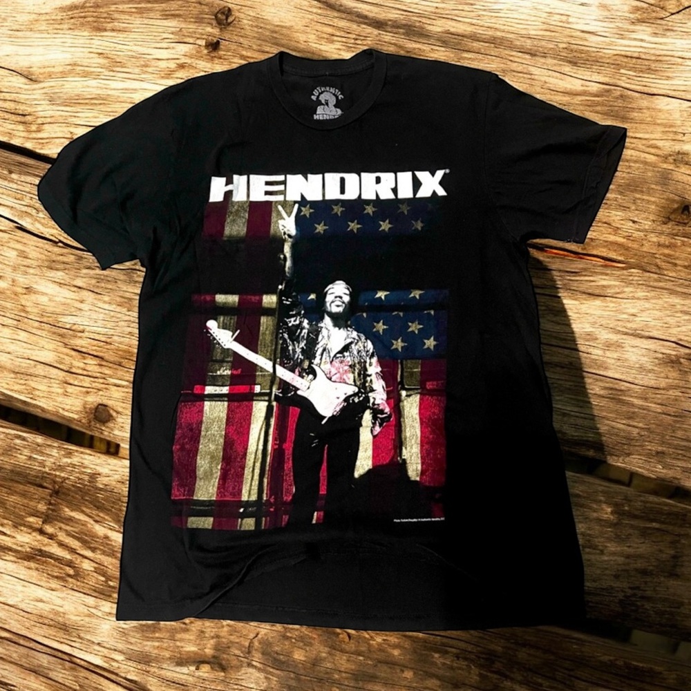Authentic Hendrix Graphic Tee Size L‎ Black Band T-Shirt USA Flag Guitar Print